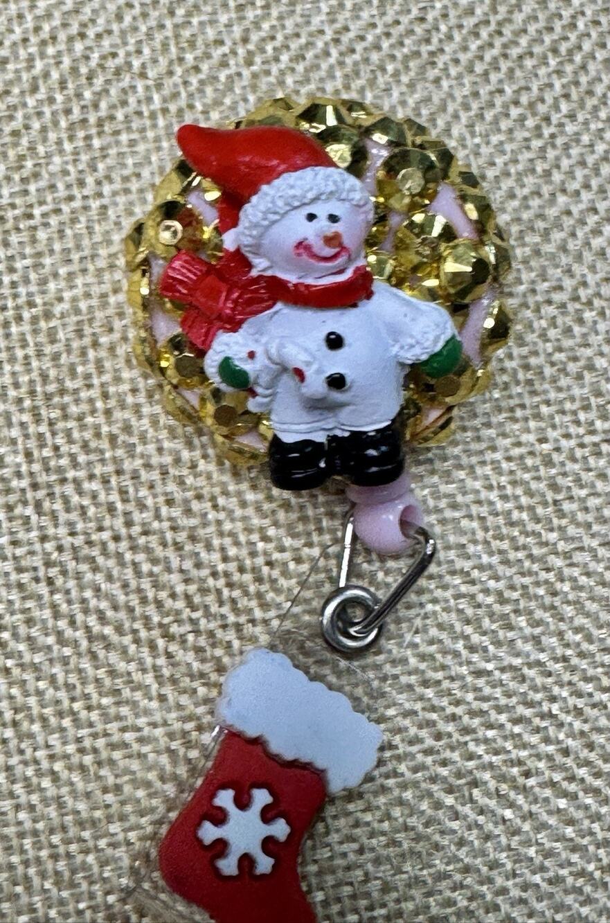 Snowman Retractable Badge Holder Gold Rhinestones Handmade Alligator Clip